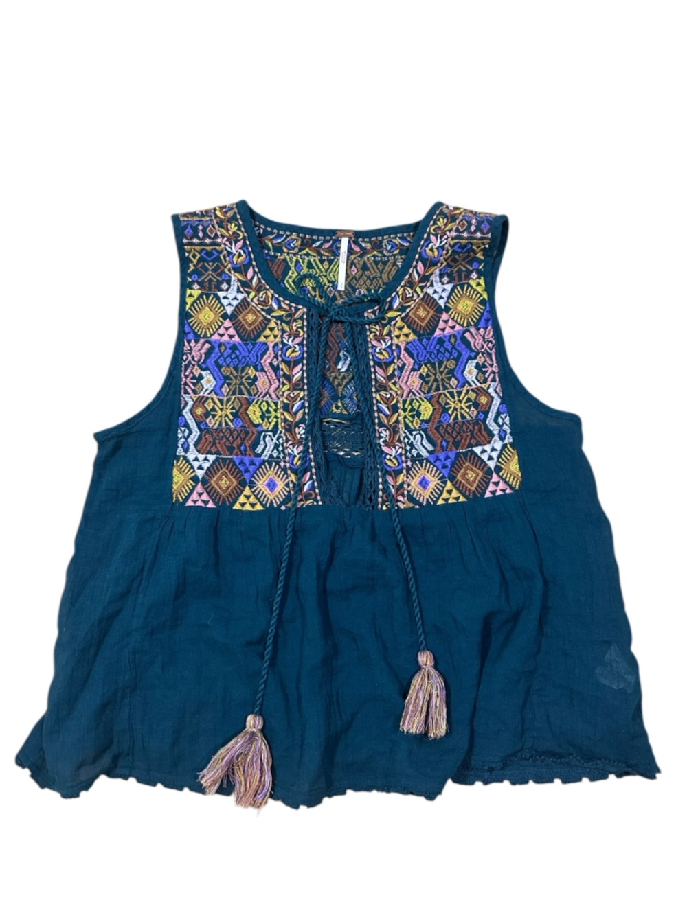 Free People Lohri Teal Embroidered Tie Sleeveless Top